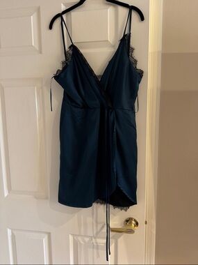 Women's Satin Lace Trim Chemise Dress - Teal